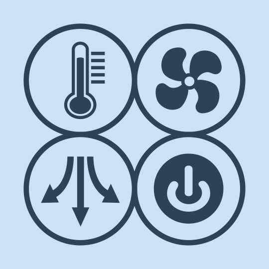 Your Air Conditioner – Useful Tips: icons x4: heat / temperature, fan / cooling, air flow and power